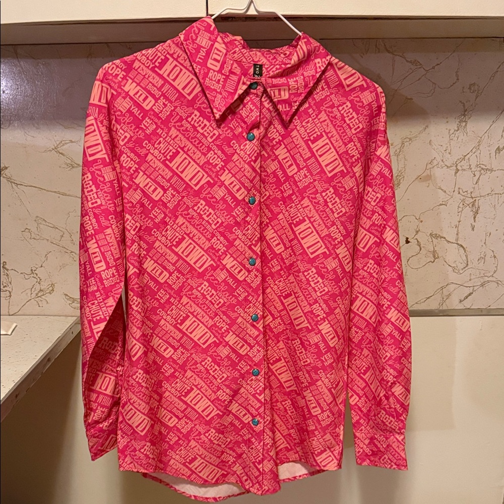 Two2Fly Vibrant Pink Rodeo Graphic Button Down Shirt